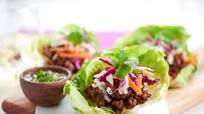 Chinese Pork Lettuce Wraps with water chestnuts and sesame dipping sauce ready in 15 minutes Chinese Pork Lettuce Wraps with water chestnuts and sesame dipping sauce ready in 15 minutes