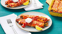Salsa Roja Chicken Enchiladas with Poblano, Pico de Gallo & Sour Cream Salsa Roja Chicken Enchiladas with Poblano, Pico de Gallo & Sour Cream