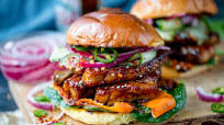 Sticky Belly Pork Burger with Quick Pickled Vegetables Sticky Belly Pork Burger with Quick Pickled Vegetables