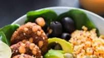 Mediterranean Vegan Buddha Bowl with Falafels and hummus dressing (Vegan, Gluten-free, Dairy-free) Mediterranean Vegan Buddha Bowl with Falafels and hummus dressing (Vegan, Gluten-free, Dairy-free)