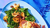 Cheesy Smothered Pork Chops with Garlicky Mushrooms & Kale Cheesy Smothered Pork Chops with Garlicky Mushrooms & Kale