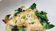 Baked Miso-marinated Swordfish with Bok Choy, Shiitake, and Rice Vermicelli in a Miso Broth Baked Miso-marinated Swordfish with Bok Choy, Shiitake, and Rice Vermicelli in a Miso Broth