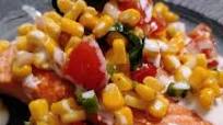 Pan-seared steelhead trout with corn salsa and lime cream Pan-seared steelhead trout with corn salsa and lime cream