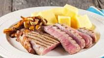 Black Angus beef with polenta and sweet sour oyster mushrooms Black Angus beef with polenta and sweet sour oyster mushrooms