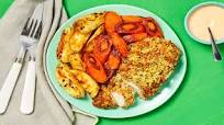 Crispy Jack Chicken with Roasted Carrots, Potato Wedges & Sriracha Mayo Crispy Jack Chicken with Roasted Carrots, Potato Wedges & Sriracha Mayo