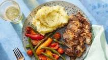 Pork Chops & Buttermilk Mashed Potatoes with Honey-Mustard Pan Sauce & Green Beans Pork Chops & Buttermilk Mashed Potatoes with Honey-Mustard Pan Sauce & Green Beans