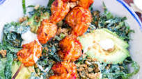 Kale Caesar Salad with Harissa Grilled Shrimp and Nutty Crouton Crumbles Kale Caesar Salad with Harissa Grilled Shrimp and Nutty Crouton Crumbles