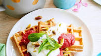Banana waffles with rhubarb & date purée Banana waffles with rhubarb & date purée