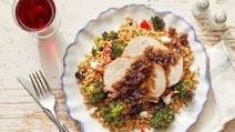 Pork Roast & Balsamic-Shallot Pan Sauce with Roasted Broccoli & Farro Pork Roast & Balsamic-Shallot Pan Sauce with Roasted Broccoli & Farro