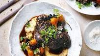 Slow-cooked beef cheeks with beetroot and hummus Slow-cooked beef cheeks with beetroot and hummus