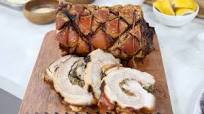 Pork belly porchetta roast with crispy skin stuffed Pork belly porchetta roast with crispy skin stuffed