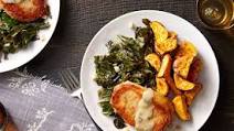 Maple Gravy-Smothered Pork Chops with Stewed Collard Greens & Sweet Potatoes Maple Gravy-Smothered Pork Chops with Stewed Collard Greens & Sweet Potatoes