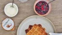 Banana, Oat and Linseed Waffles with Coconut Yoghurt and Berry Compote Banana, Oat and Linseed Waffles with Coconut Yoghurt and Berry Compote
