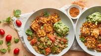 Cajun tofu with guac, corn and dirty rice Cajun tofu with guac, corn and dirty rice