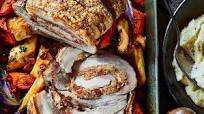 Chorizo-stuffed pork with roasted roots Chorizo-stuffed pork with roasted roots