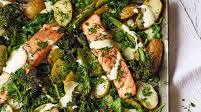 Salmon and broccoli traybake with mustard sauce Salmon and broccoli traybake with mustard sauce