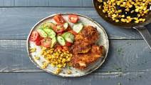 Crispy Chicken with Brown-Butter Corn and Cucumber Tomato Salad Crispy Chicken with Brown-Butter Corn and Cucumber Tomato Salad