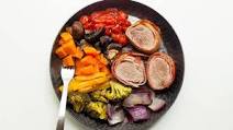 Bacon-Wrapped Pork Tenderloin with Rainbow Roasted Veggies Bacon-Wrapped Pork Tenderloin with Rainbow Roasted Veggies