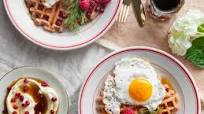 Beet Waffles with Maple Creme Fraiche and Sunny Side Up Eggs Beet Waffles with Maple Creme Fraiche and Sunny Side Up Eggs