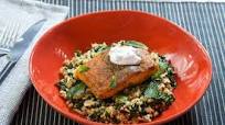 Sumac-Spiced Salmon & Labneh with Freekeh, Kale & Almond Salad Sumac-Spiced Salmon & Labneh with Freekeh, Kale & Almond Salad