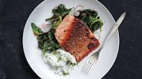 Pan-Roasted Salmon with Collards and Radish Raita Pan-Roasted Salmon with Collards and Radish Raita
