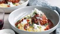Big pork and prosciutto meatballs with polenta Big pork and prosciutto meatballs with polenta