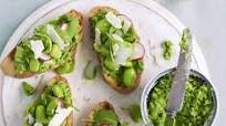 Crostini with pea purée, rocket & broad beans Crostini with pea purée, rocket & broad beans