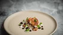 Double-dived scallops, burnt aubergine purée, pork belly and fermented grains Double-dived scallops, burnt aubergine purée, pork belly and fermented grains