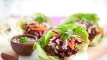 Chinese Pork Lettuce Wraps with water chestnuts and sesame dipping sauce ready in 15 minutes Chinese Pork Lettuce Wraps with water chestnuts and sesame dipping sauce ready in 15 minutes
