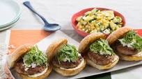 Spiced Pork Burgers with Goat Cheese & Cucumber-Corn Salad Spiced Pork Burgers with Goat Cheese & Cucumber-Corn Salad