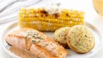 Honey BBQ Salmon with bacon jalapeño corn muffins and corn on the cob Honey BBQ Salmon with bacon jalapeño corn muffins and corn on the cob