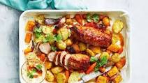 Sticky mango pork and roast vegie tray bake recipe Sticky mango pork and roast vegie tray bake recipe