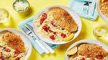 Parmesan-Crusted Chicken over Creamy Lemon Tomato Spaghetti Parmesan-Crusted Chicken over Creamy Lemon Tomato Spaghetti