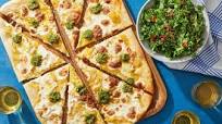 Yellow Tomato & Basil Pesto Pizza with Kale Caesar Salad Yellow Tomato & Basil Pesto Pizza with Kale Caesar Salad