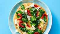Hummus Flatbread with Feta, Roasted Peppers & Spinach Hummus Flatbread with Feta, Roasted Peppers & Spinach