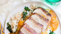 Seared Pork Chop with Salty Apricots, Rice and Buttery Kale Seared Pork Chop with Salty Apricots, Rice and Buttery Kale