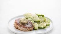 Jalapeño Butter Pork Chop with cilantro lime chayote Jalapeño Butter Pork Chop with cilantro lime chayote