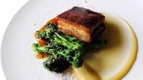 Pork belly with apple purée and sprouting broccoli Pork belly with apple purée and sprouting broccoli