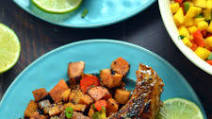 Jamaican Jerk Pork Chops with Curry-Spiced Sweet Potatoes and Mango Salsa Jamaican Jerk Pork Chops with Curry-Spiced Sweet Potatoes and Mango Salsa