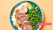 Pepper-Crusted Pork Tenderloin with Mashed Potatoes, Peas & Gravy Pepper-Crusted Pork Tenderloin with Mashed Potatoes, Peas & Gravy