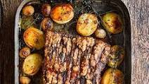 Roast pork belly, fondant potatoes & pickled onions Roast pork belly, fondant potatoes & pickled onions