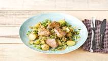 Pork Medallions with Tarragon Cream Sauce, Crispy Brussels Sprouts, and New Potatoes Pork Medallions with Tarragon Cream Sauce, Crispy Brussels Sprouts, and New Potatoes