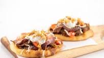 Steak Strip Gyro Mini Flatbreads with Mozzarella and Tzatziki stovetop cooking Steak Strip Gyro Mini Flatbreads with Mozzarella and Tzatziki stovetop cooking