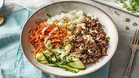 Beef Bulgogi Bowls with Carrots, Cucumber, and Sriracha Crema over Jasmine Rice Beef Bulgogi Bowls with Carrots, Cucumber, and Sriracha Crema over Jasmine Rice