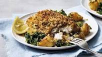 Coconut-crusted fish with saag aloo Coconut-crusted fish with saag aloo