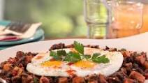 Jerk Pork Belly and Sweet Potato Hash with Fried Eggs Jerk Pork Belly and Sweet Potato Hash with Fried Eggs
