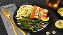 Pan-Seared Wild Sockeye Salmon with Herbed Creme Fraiche, Green Beans Amandine, and Silky Mashed Potatoes Pan-Seared Wild Sockeye Salmon with Herbed Creme Fraiche, Green Beans Amandine, and Silky Mashed Potatoes