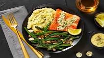 Pan-Seared Wild Sockeye Salmon with Herbed Creme Fraiche, Green Beans Amandine, and Silky Mashed Potatoes Pan-Seared Wild Sockeye Salmon with Herbed Creme Fraiche, Green Beans Amandine, and Silky Mashed Potatoes