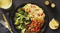 Bruschetta Chicken with a Crispy Mozzarella Crust, Bacon Mashed Potatoes & Broccoli Bruschetta Chicken with a Crispy Mozzarella Crust, Bacon Mashed Potatoes & Broccoli