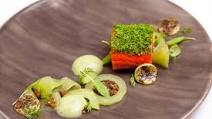Gin-cured salmon with cucumber and wasabi emulsion Gin-cured salmon with cucumber and wasabi emulsion